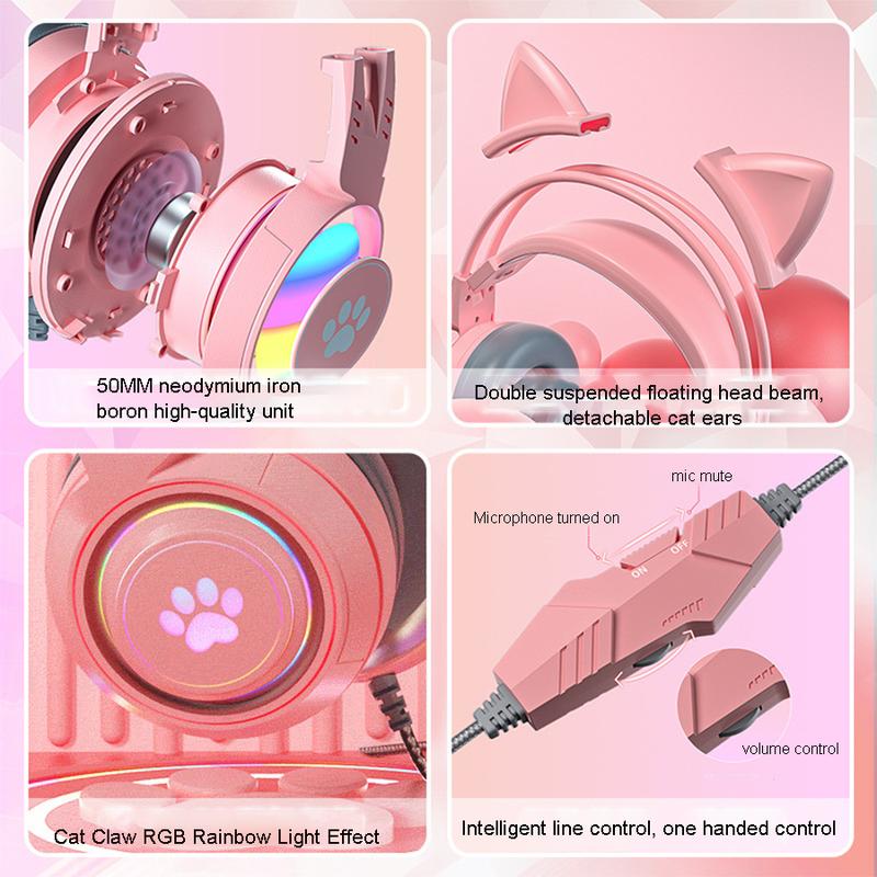 Cat Ear Headphones Gaming Headset with Mic for PC Laptop Switch PS4 PS5(Pink  Black), girl Wired Headphones RGB Light up Kawaii Kitty Noise Cancelling Headphones for Gamer PC Laptop