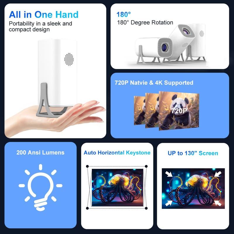 Mini Outdoor Projector | 4K 200 ANSI Smart Projector with WiFi 6, 180° Rotation & Android 11.0 | Perfect for Phones, TV Sticks & Laptops