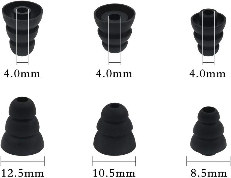 6 Pairs Replacement Triple Flange Conical Ear Tips Earbuds Eartips  Buds for  in Ear Headphones ( Senso Powerbeats Jaybird etc.) Black [S M L 3 Size] (3flange Tips 3)