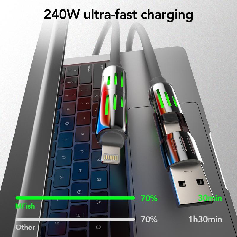 6.6ft 240W 4-in-1 Charging Cable - m fish Fast Charging for A+ TYPE C and Lightning fast charge for iphone 13 14 15 16,huawei，ipad pro，Android Smartphone