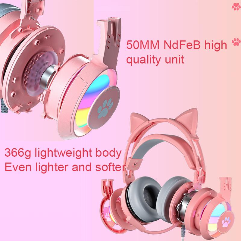 Cat Ear Headphones Gaming Headset with Mic for PC Laptop Switch PS4 PS5(Pink  Black), girl Wired Headphones RGB Light up Kawaii Kitty Noise Cancelling Headphones for Gamer PC Laptop