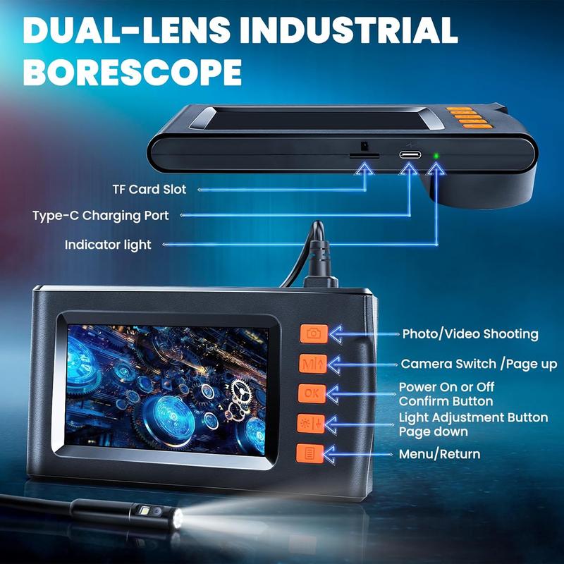 Dual Lens Borescope, Endoscope Camera with Light, 1080P Sewer Camera with 4.3 Inch LCD Screen, Inspection Camera IP67 Waterproof Lens, Tools for Men, Adjustable LED, 16.5FT Cable, 32GB TF Card