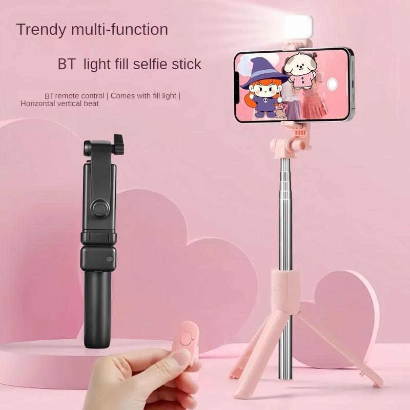 Wireless Selfie Stick Tripod, Rechargeable Phone Selfie Stick with Fill Light, Portable Phone Tripod Stand for Live Streaming, Vlogging, Photography