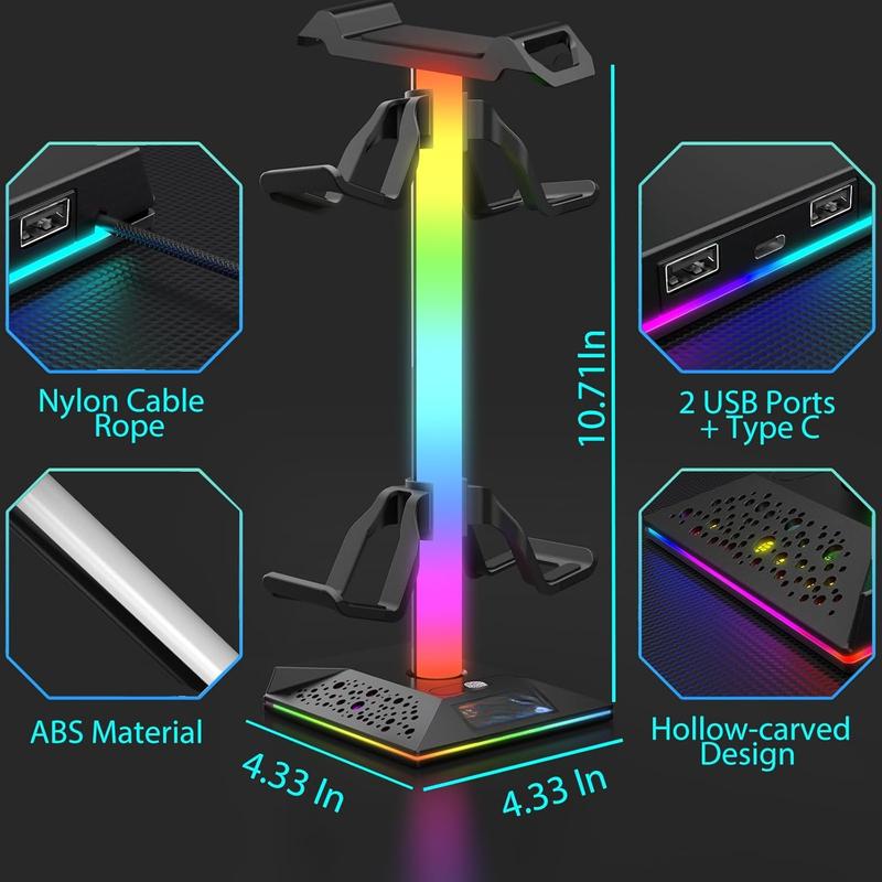 RGB Headset Stand, Gaming Controller Stand with 2 USB  Ports,10 Light Modes Headset Holder PC Gaming Accessories, Suitable for All Earphone Accessories, Gift for Boys Men Gamers