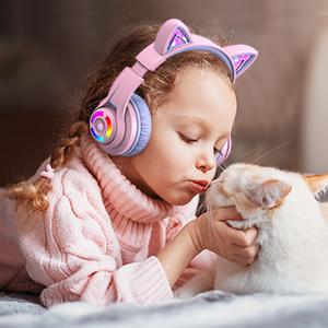 iClever Cat Ear Kids Bluetooth Headphones, LED Lights Up, 74 85 94dB Volume Limited, 50H Playtime, Bluetooth 5.2,  for iPad Tablet Travel  Christmas Gift