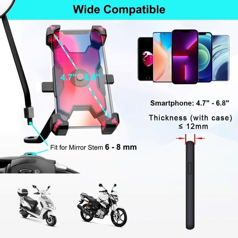 Motorcycle Phone Holder, 1s Lock and Release Phone Mount for Motorcycle Scooter Moped Rear View Mirror Phone Mount for 4.5-6.8 inch Cell Phone, Motorbike Rearview Mirror Phone Holder