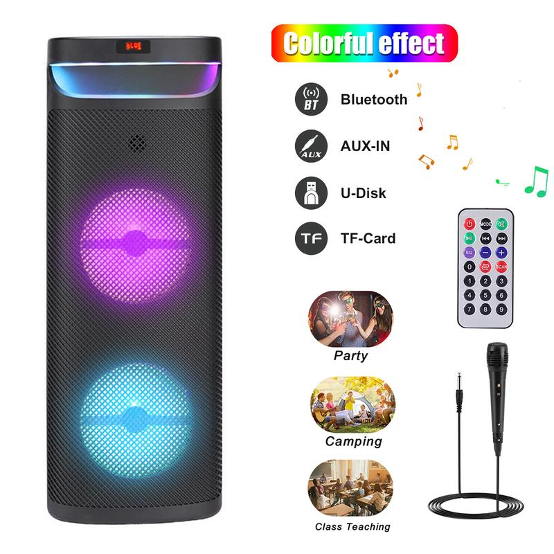 Dual 10 inch Loud PA Speaker Portable Wireless Party Speaker Bluetooth DJ Karaoke Speaker Rechargeable FM Radio Remote Control Microphone Colorful peak power