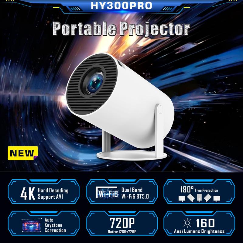 2.4 5G WiFi Smart Projector, 360°Adjustable Stand 4K LED Projector Auto Keystone Correction Portable Projector, BT 5.2, 200 Inch Screen,Built-in speaker, Home Video Projector