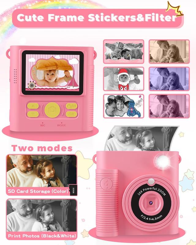 Camera Instant Print, Christmas Birthday Gifts Girls Boys Aged 3-12, HD Digital Video Cameras , Instant Cameras for  6 7 8 9 10 Year Old Girls Boys with Print Paper Rechargeable Sd