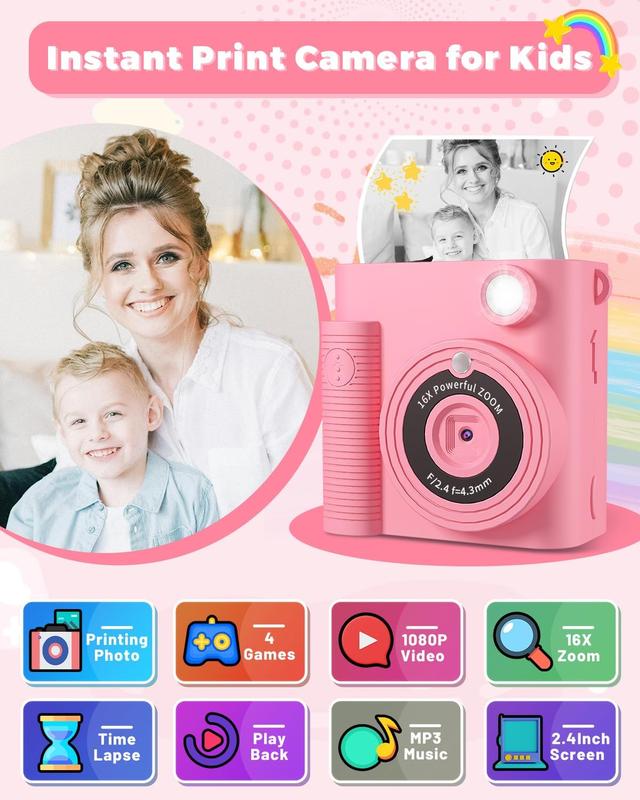 Camera Instant Print, Christmas Birthday Gifts Girls Boys Aged 3-12, HD Digital Video Cameras , Instant Cameras for  6 7 8 9 10 Year Old Girls Boys with Print Paper Rechargeable Sd