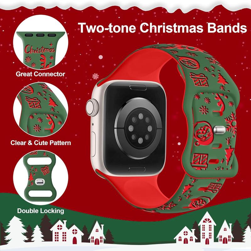 Christmas Apple Watch Bands for Women 42mm 41mm 40mm 38mm, TwoTone Holiday Cute iWatch Bands, Engraved Christmas Watch Band for Apple Watch Band Series 10 9 SE 8 7 6 5 3 2 1Green Red