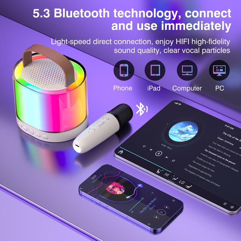 portable&mini karaoke machine，With Wireless Microphone & LED Light, , Karaoke Machine For Home Party Birthday Gift Portable Wireless Bluetooth-compatible Speaker With LED Ambient Light, Outdoor Speaker，Summer Wireless Karaoke Speaker Audio Smartphone