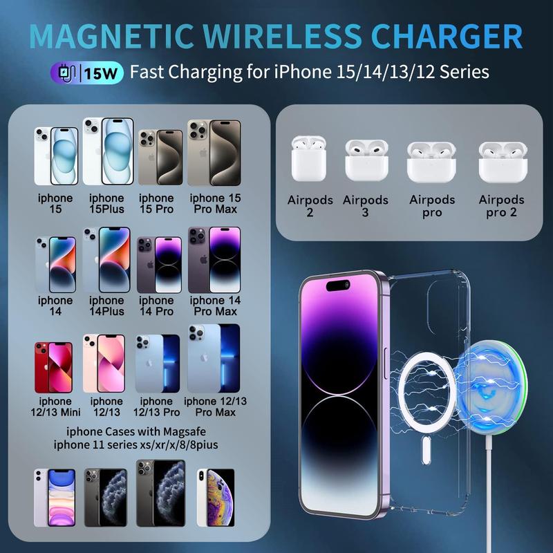 2 Pack Magnetic Wireless Charger 15W Fast Charger for iPhone 15 14 13 12 Series Magnet Charging Pad for AirPods 3 2 Pro with 5ft Dual Cables