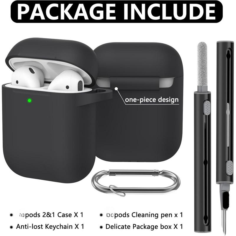 Pods Case Cover 2&1 with Cleaner Kit,Soft Silicone Protective Case Compatible with Pods 2nd 1st Generation Charging Case with Keychain,Shockproof Pod Case for Women Men-Black