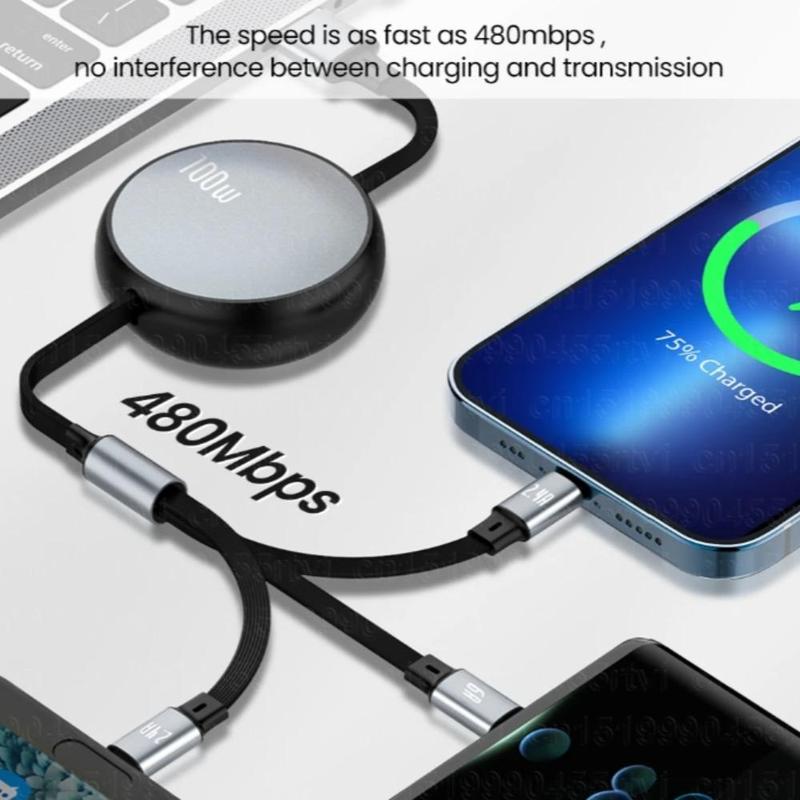 3 In 1 Retractable 6A 100W USB Cable, USB To iOS Type C Micro Fast Charger Cable, Charging Cable Compatible with iPhone 14 13 12 Pro Max Huawei