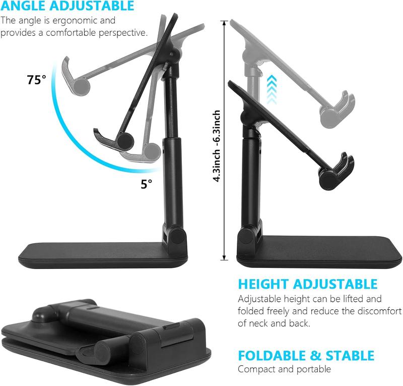 2 count Folding Cell Phone Stand, Fully Adjustable Angle Height Phone Stand for Desk, Foldable Portable Desktop Phone Holder Compatible with All Phone 14 13 12 11 Smartphones (Black and Black)