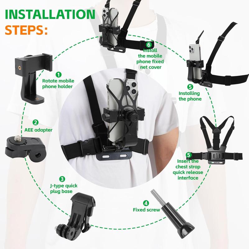 Mobile Phone Chest Strap Harness Mount Head Strap Holder Kit for POV VLOG,Cell Phone Clip Compatible with iPhone,Samsung,GoPro Hero 12, 11,10, 9, 8, AKASO,DJI Osmo,and Action Cameras…