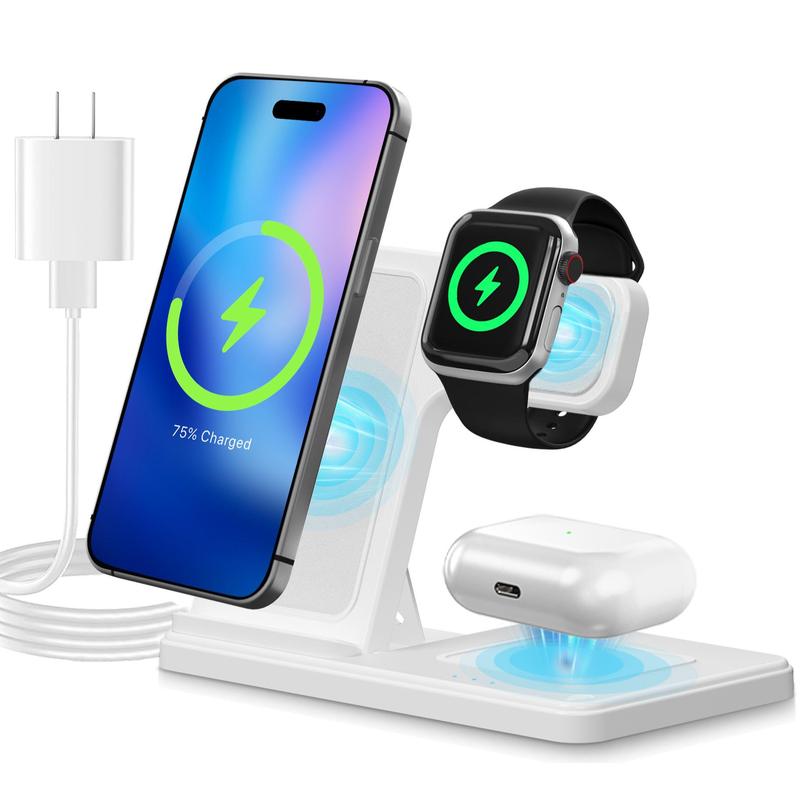 Portable 3 In 1 Fast Wireless Charger, 18W Mag-Safe Folding Wireless Charging Station Suitable For iPhone 15 14 Pro Max 13 12 11, For i-Watch 9 8 7 6 5 4 3 2Se, For Air-pods 3 2 Pro Multiple Devices，Wireless charger for Android phones Cellphone chargers