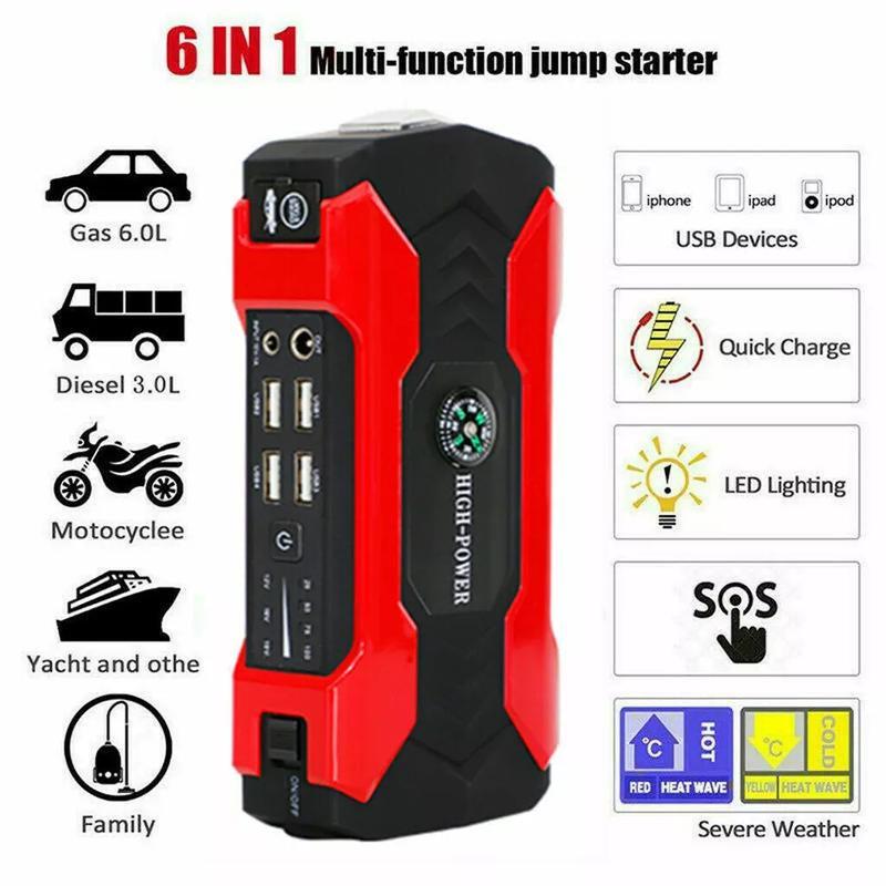 99800Mah Car Jump Starter Booster Jumper Box Power Bank Battery Charger Portable, 12V Car Battery Jump Power with LED Light W100 Portable Jumpstarter Accessories Phone Smartphone Jumper Cables Emergency Tools Access Orio De Carro Warning Flasher