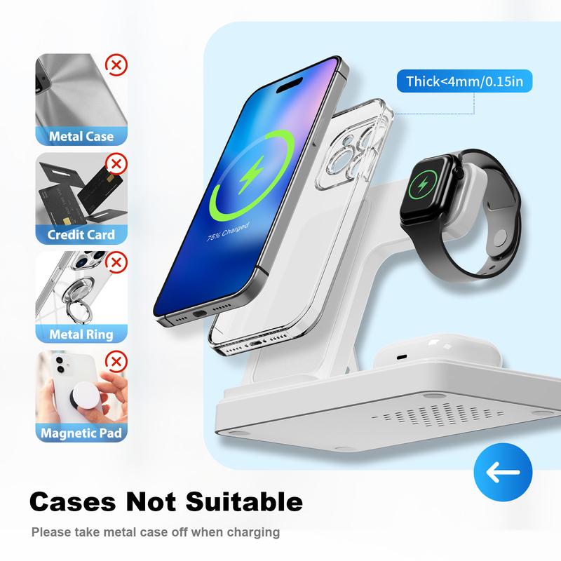 Portable 3 In 1 Fast Wireless Charger, 18W Mag-Safe Folding Wireless Charging Station Suitable For iPhone 15 14 Pro Max 13 12 11, For i-Watch 9 8 7 6 5 4 3 2Se, For Air-pods 3 2 Pro Multiple Devices，Wireless charger for Android phones Cellphone chargers