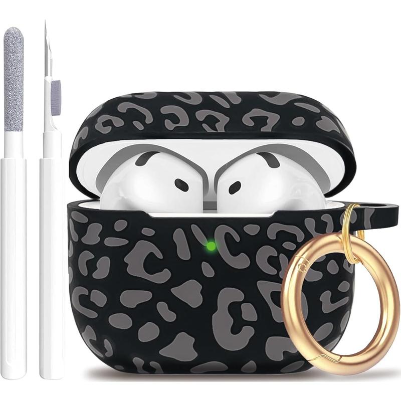 Engraved Leopard Case Compatible with AirPods 4th Generation Cover with Keychain, Skin Soft Cover for Compatible with AirPods 4 Case Full Protection,Front LED Visible, Black