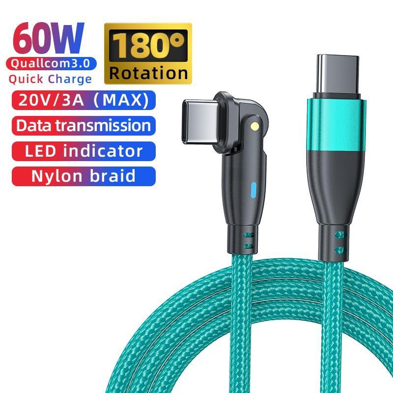 180° Bending Type C To Type C Data Cable, 1 Count 60W Fast Charging Data Cable, Mobile Phone Charging Cable