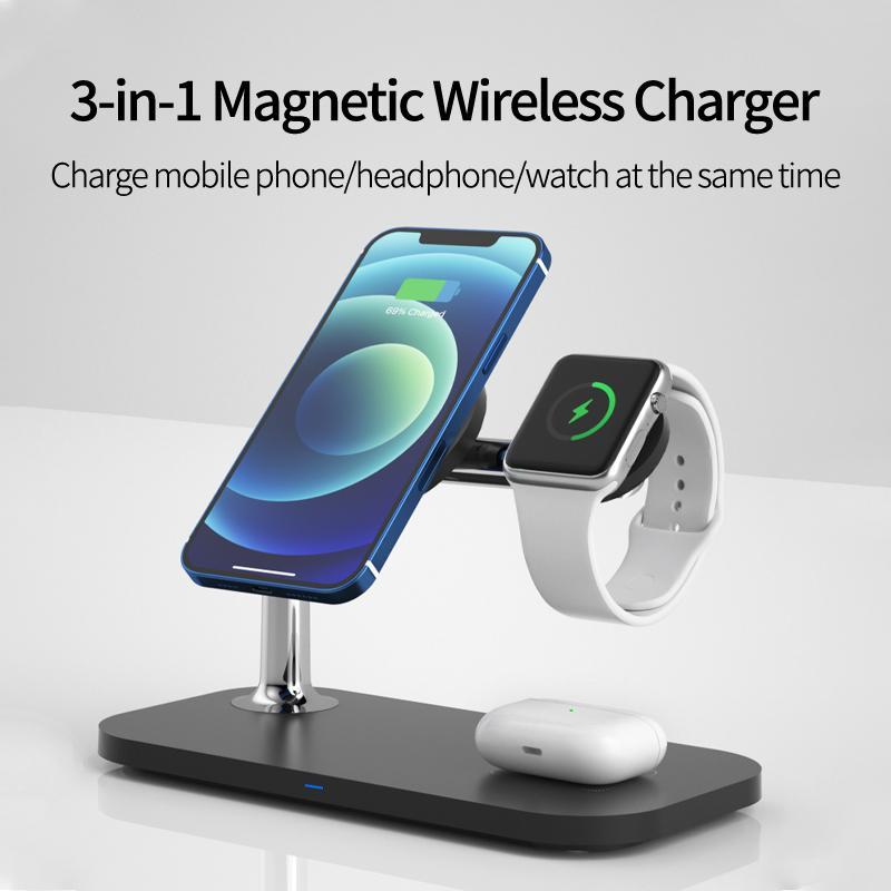 3-in-1 Wireless Charger, 15W Foldable Charger Stand, Multifunctional Magnetic Wireless Charger for iPhone & AirPods & Apple Watch