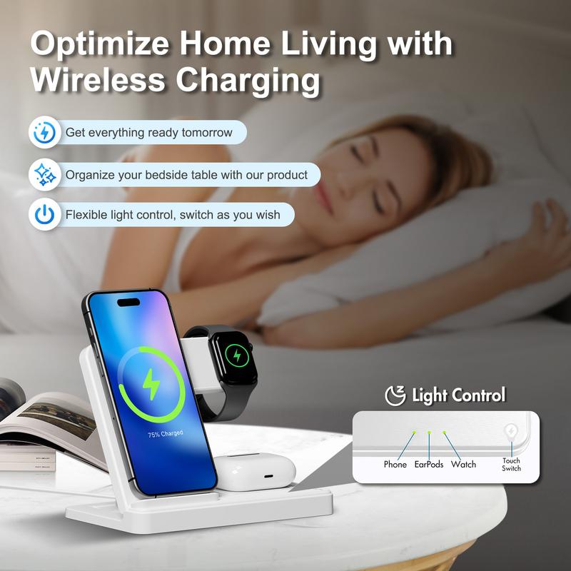 Portable 3 In 1 Fast Wireless Charger, 18W Mag-Safe Folding Wireless Charging Station Suitable For iPhone 15 14 Pro Max 13 12 11, For i-Watch 9 8 7 6 5 4 3 2Se, For Air-pods 3 2 Pro Multiple Devices，Wireless charger for Android phones Cellphone chargers