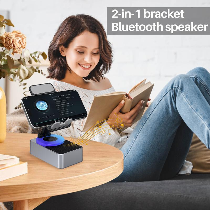 Cell Phone Stand with Wireless Bluetooth Speaker HD Surround Sound, 360 Rotable Angel Adjustable Anti-Slip Base, Perfect for Home Outdoor, Compatible with iPhone iPad Android