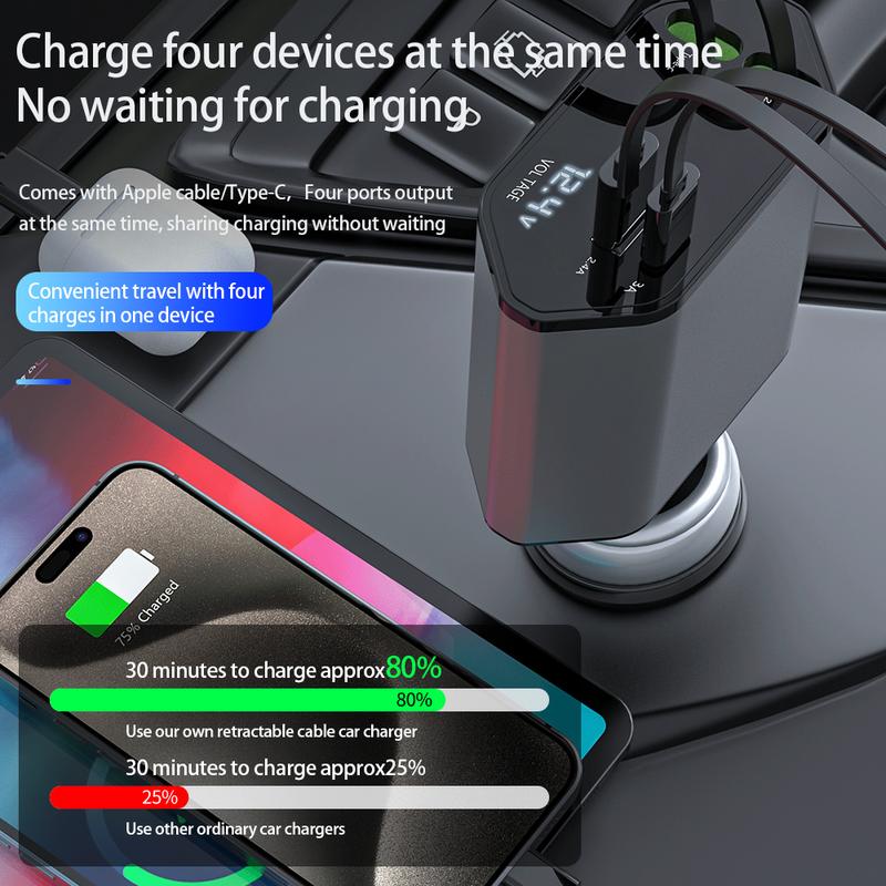 Retractable Car Charger 4 in 1, USB C Fast Charging Adapter with Lightning Cable&Dual Charge Port Compatible with iPhone 15 14 13 Pro Max Plus iPad AirPods,Samsung Galaxy S23 S22 S10,Google,Smartphone