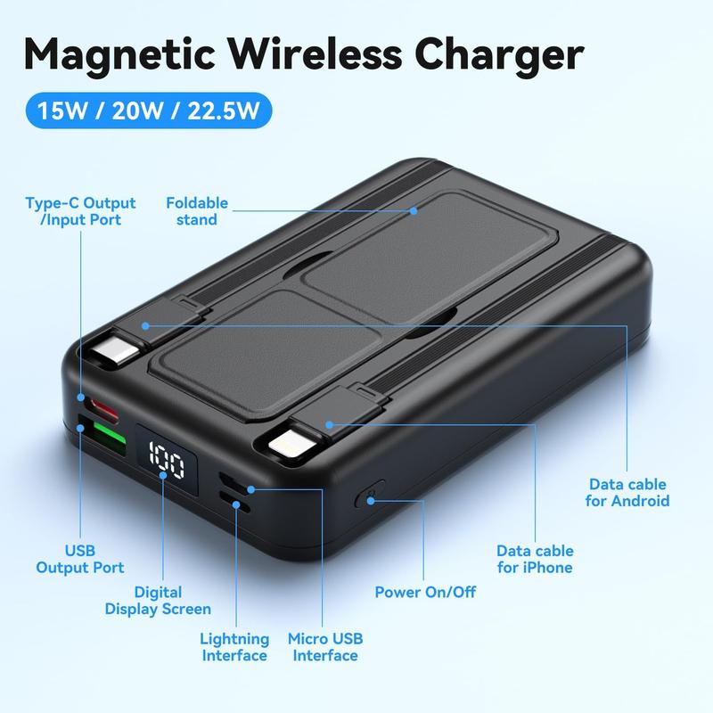 Power Bank, 10000mAh with 22.5W  Fast Charging.3 Charging interfaces 4 Output Modes.Features a Foldable Stand, USB-C Cable, LED Display, for iPhone 16 15 14 13 12 Series