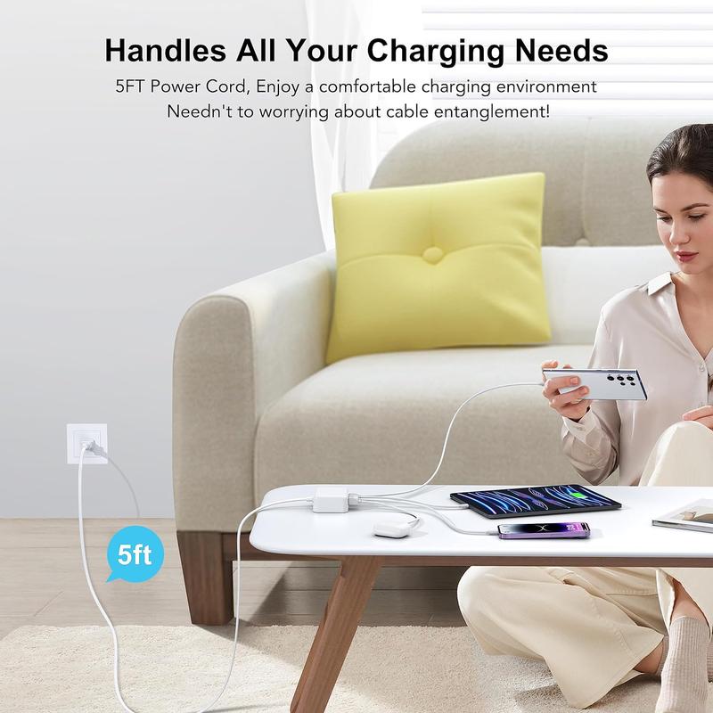 100W USB C Fast Charger Block Compact GaN 6 Port USB C Charging Station Hub Block Wall Charger Power Strip Adapter Plug Cube for iPad iPhone 16 15 14 13 12 Pro Max xs max Plus airpods max Huawei Pixel Note Galaxy, 5ft Cord  Cellphone Smartphone