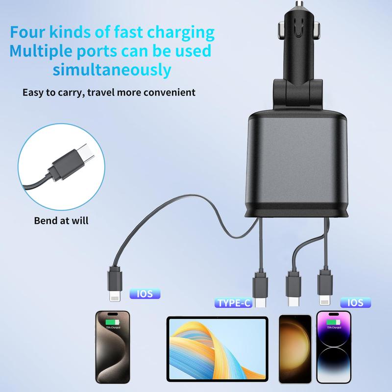 4 in 1 Retractable Car Charger, Double Type C Fast Charging Adapter[Max100W] with Lightning Cable&Dual Charge Port Compatible with iPhone 15 14 13 Pro Max Plus iPad AirPods,Samsung Galaxy S23 S22 S10,Google Smartphone Cellphone