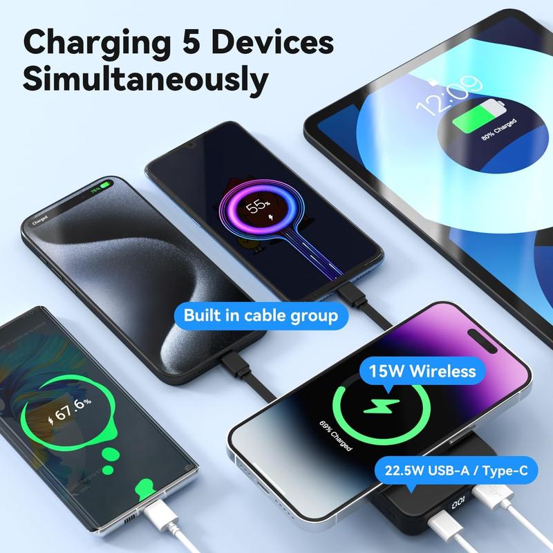 Power Bank, 10000mAh with 22.5W  Fast Charging.3 Charging interfaces 4 Output Modes.Features a Foldable Stand, USB-C Cable, LED Display, for iPhone 16 15 14 13 12 Series