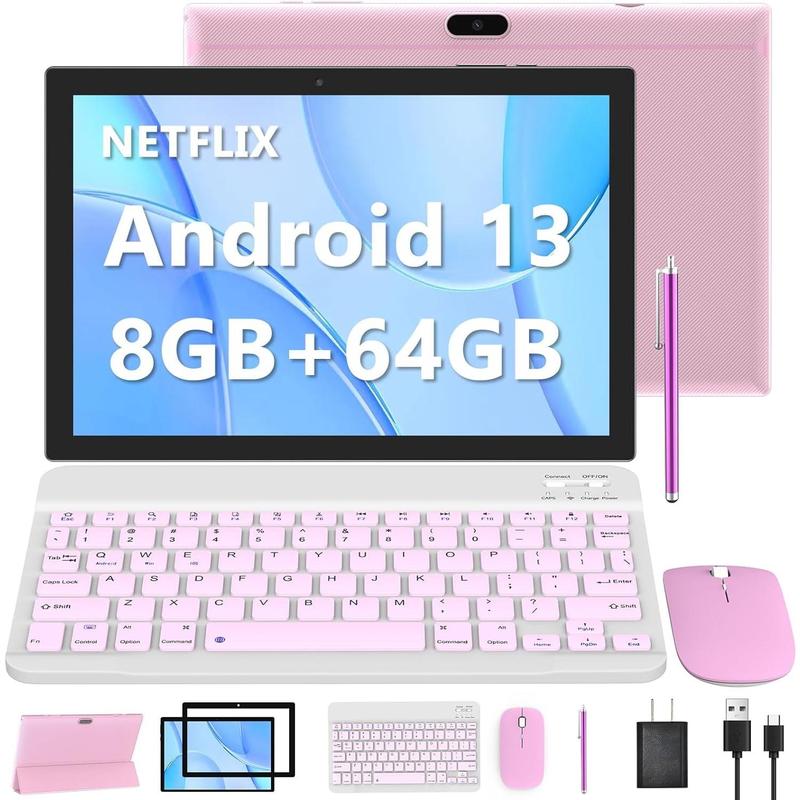 Android 13 tablet with keyboard, 2 in 1 10.1 inch tablet, 8GB RAM + 64GB ROM 512GB expandable tablet PC, 2.0GHz quad-core HD IPS screen, Bluetooth