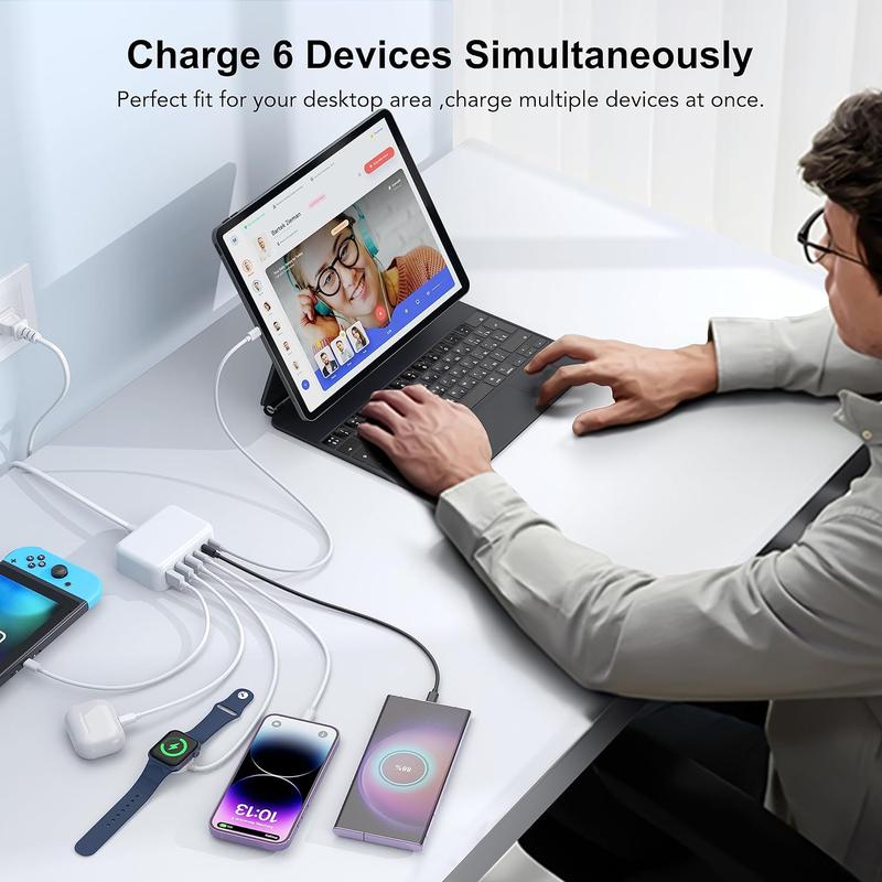 100W USB C Fast Charger Block Compact GaN 6 Port USB C Charging Station Hub Block Wall Charger Power Strip Adapter Plug Cube for iPad iPhone 16 15 14 13 12 Pro Max xs max Plus airpods max Huawei Pixel Note Galaxy, 5ft Cord  Cellphone Smartphone