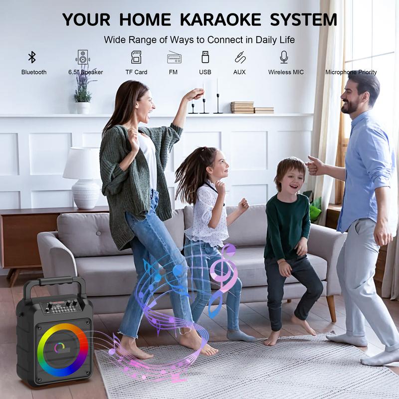 Karaoke Machine with 2 Wireless Microphones, Portable 30W Home Speaker System for Adults with Disco Lights and Strap light box