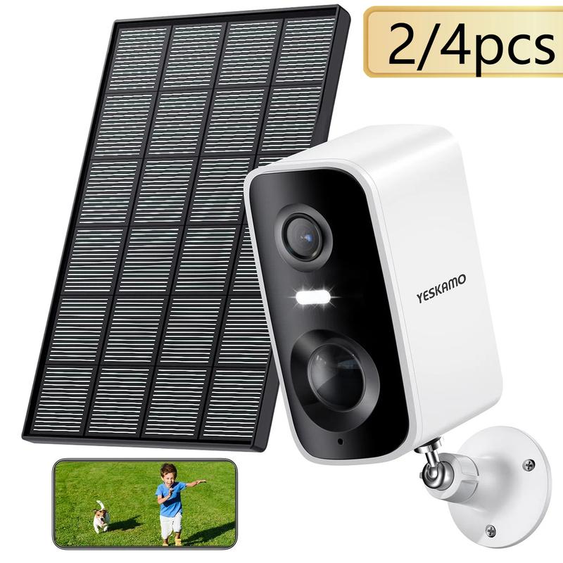 YESKAMO Solar-Powered Panel Security Cameras Wireless Outdoor, 2.4GHz WIFI, 2K 4MP Full HD, IP66 Waterproof, AI Motion Detection, Built-in Siren, Two-Way Audio, Remote Access