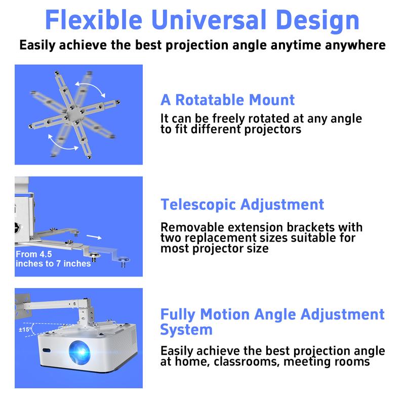 Projector Ceiling Mount, Projector Wall Mount Adjustable Height and Extendable Arms, 3-in-1 Universal Projector Ceiling Holder, Projector Mount Quick Release for Epson, Optoma, Benq, White