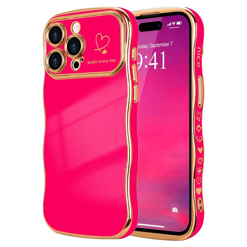 Luxury Plating Shockproof Phone Case for iPhone 16 15 14 13 12 Pro Max，Cute Wave Shape with Love Heart Raised Camera Protection Phone case Accessories Durable Silicone Shiny Silicone Shiny，iPhone Case for Women Girls,