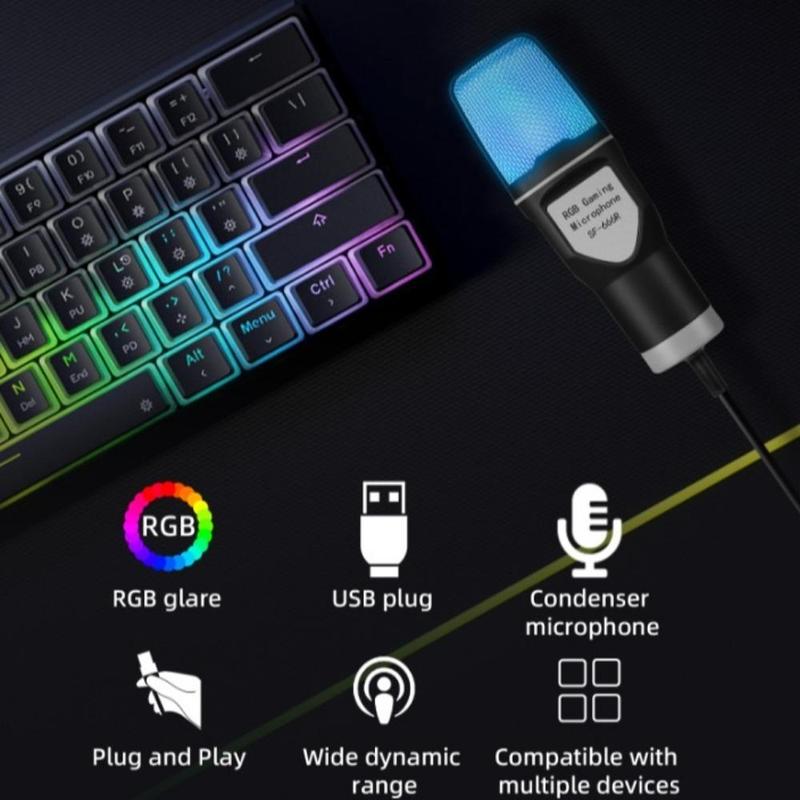 Professional RGB Gaming Microphone, USB Powered Condenser Microphone with Stand, Portable Microphone for Music Recording, Live Streaming & Podcast Broadcast