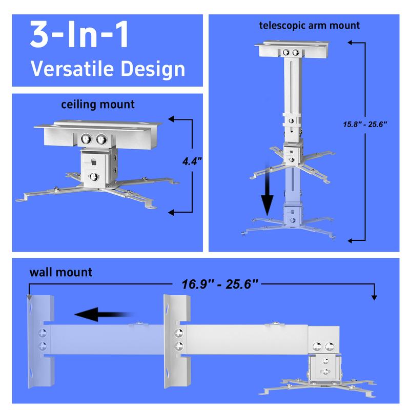 Projector Ceiling Mount, Projector Wall Mount Adjustable Height and Extendable Arms, 3-in-1 Universal Projector Ceiling Holder, Projector Mount Quick Release for Epson, Optoma, Benq, White