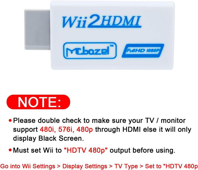 Mcbazel Wii to HDMI 1080p 720p Connector Output Video & 3.5mm Audio Supports All Wii Display Modes 480i 480p, PAL 576i, Hdmi Adapter for Wii Console