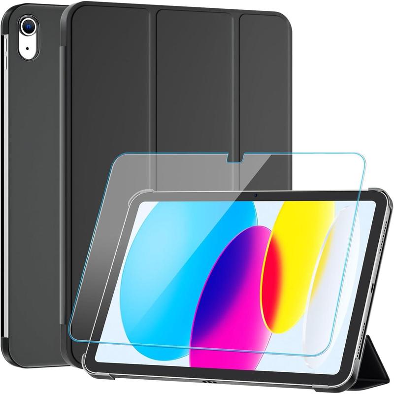 for iPad 10th Generation Case 10.9 inch , with (Glass Screen Protector), Slim Stand Translucent Back Shell Cover for iPad 10th Generation (Support Touch ID, Auto Wake Sleep), Black Accessories Computer