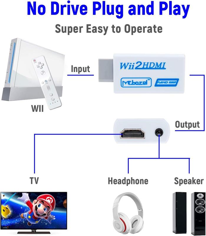 Mcbazel Wii to HDMI 1080p 720p Connector Output Video & 3.5mm Audio Supports All Wii Display Modes 480i 480p, PAL 576i, Hdmi Adapter for Wii Console