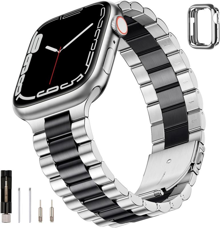 Stainless Steel Apple Watch Band and Case for Men and Women, Compatible with 45mm, 44mm, and 42mm Apple Watches, Suitable for Series 9 8 7 6 5 4 3 2 1 SE SE2 (Silver+Black, 42mm 44mm 45mm) Accessories Wearable