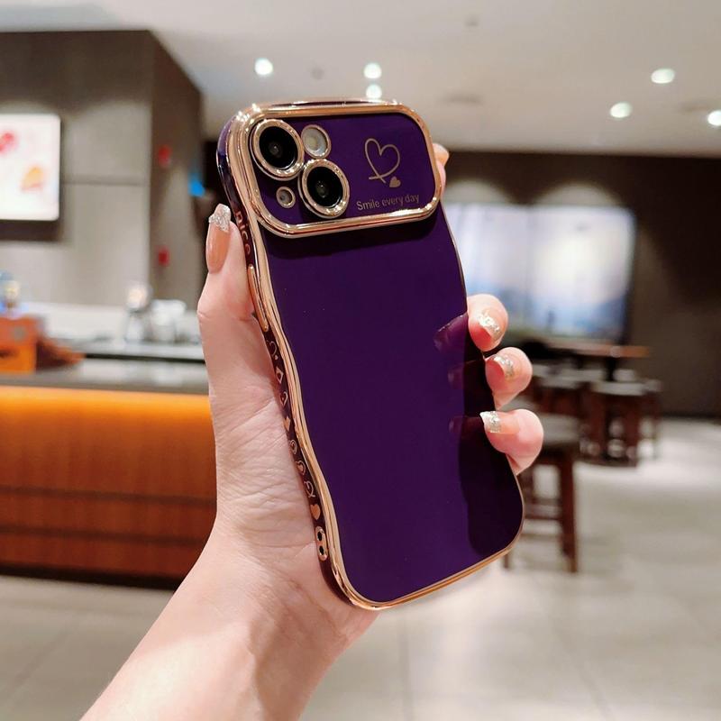 for iPhone Case for Women Girls, Compatible with iPhone 11 to 16 Pro Max Cute Wave Frame Curly Shape with Love Heart Raised Camera Protection Cover Luxury Plating Shockproof Case