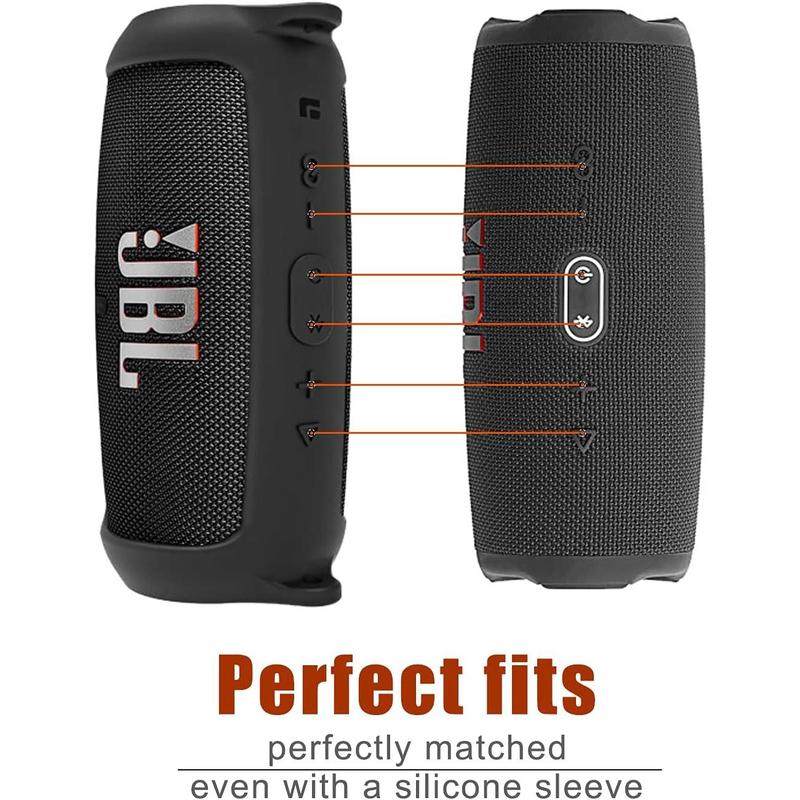 Silicone Case cover for JBL Charge 5 speaker, travel protective carrying gel soft skin, waterproof rubber pouch with shoulder strap (black)