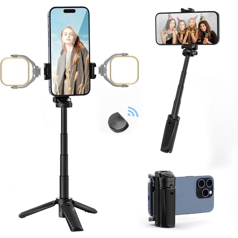 JJ02 Selfie Stick Tripod, Extendable Grip Phone Tripod with Detachable Remote Pocket Size, 3-in-1 Mini Phone Grip 2 Cold Shoe, 10m 393.7'' Wireless Shutter, Vlog Livestreaming Photography