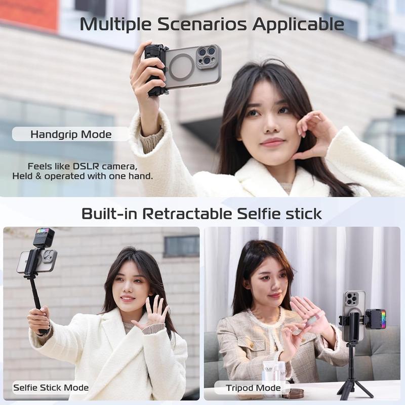 JJ02 Selfie Stick Tripod, Extendable Grip Phone Tripod with Detachable Remote Pocket Size, 3-in-1 Mini Phone Grip 2 Cold Shoe, 10m 393.7'' Wireless Shutter, Vlog Livestreaming Photography